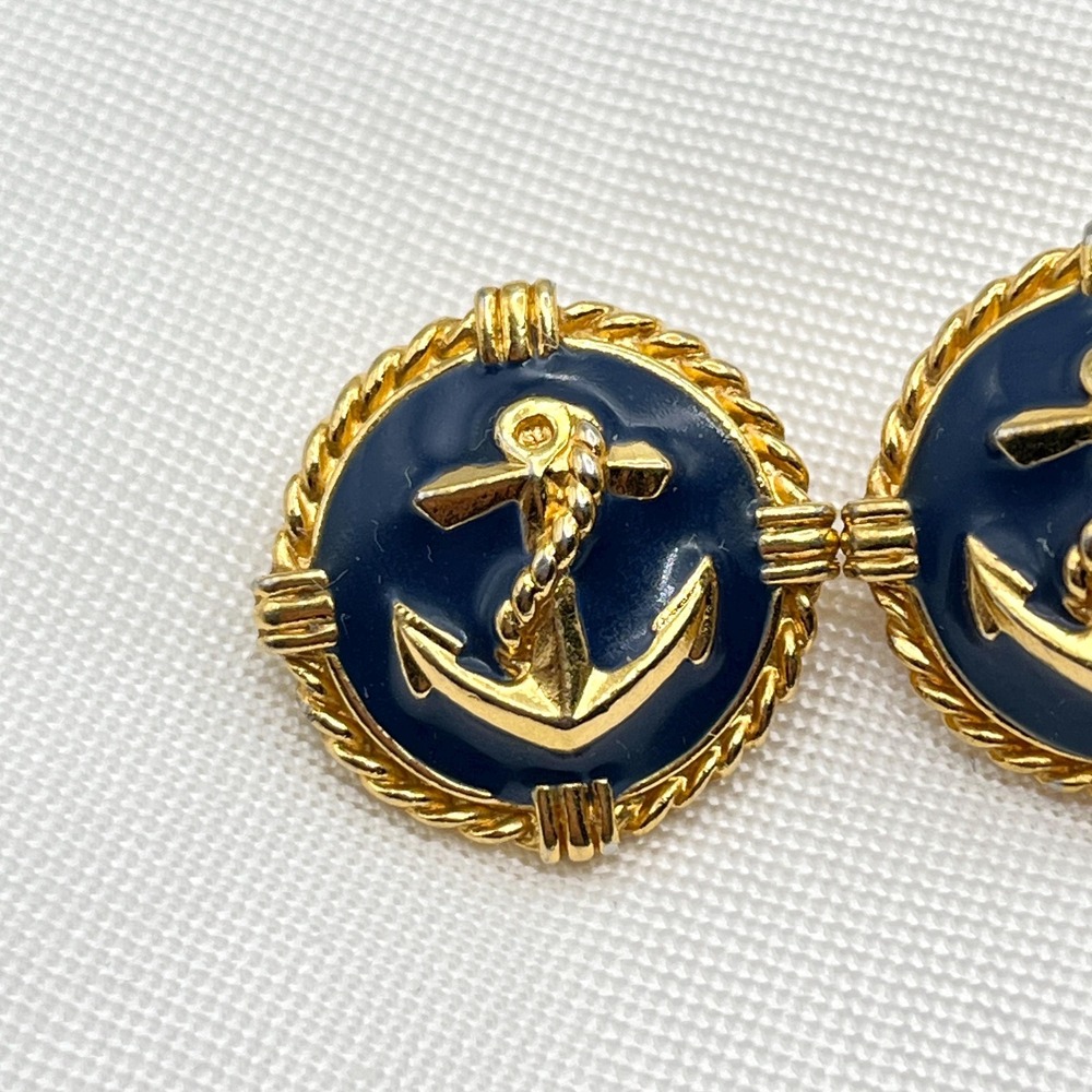 Vintage Gold Tone Nautical Sailor Anchor Posted Earrings w/ Navy Blue Enamel - Picture 4 of 8